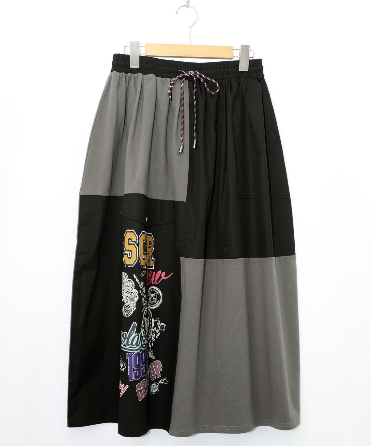 レトロ異素材バイカラーワークスカート-14