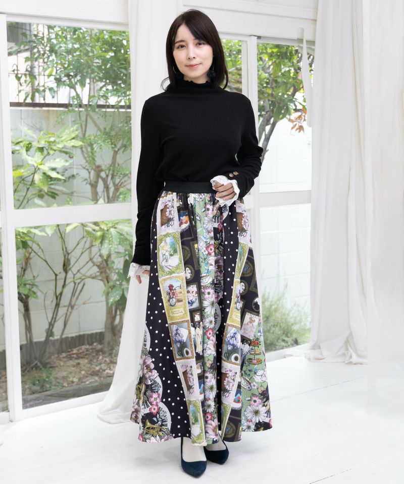 芸術と音楽と花のコラージュ柄フレアスカート-2