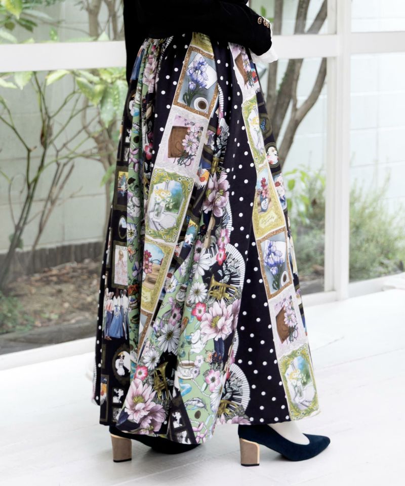 芸術と音楽と花のコラージュ柄フレアスカート-3