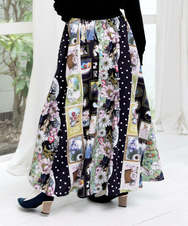 芸術と音楽と花のコラージュ柄フレアスカート-4