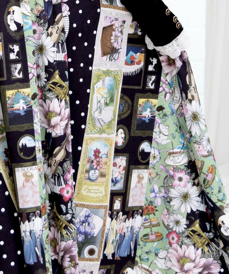 芸術と音楽と花のコラージュ柄フレアスカート-6