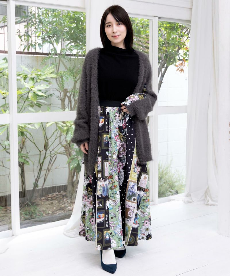 芸術と音楽と花のコラージュ柄フレアスカート-7