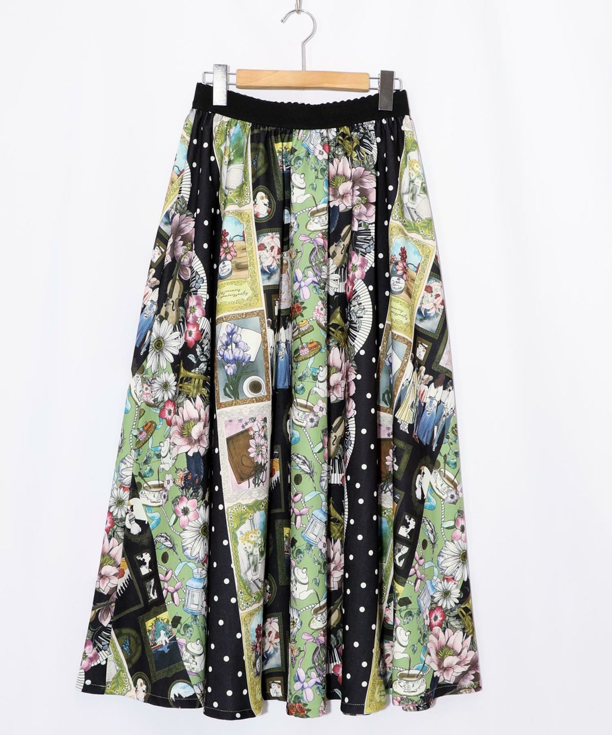 芸術と音楽と花のコラージュ柄フレアスカート-8