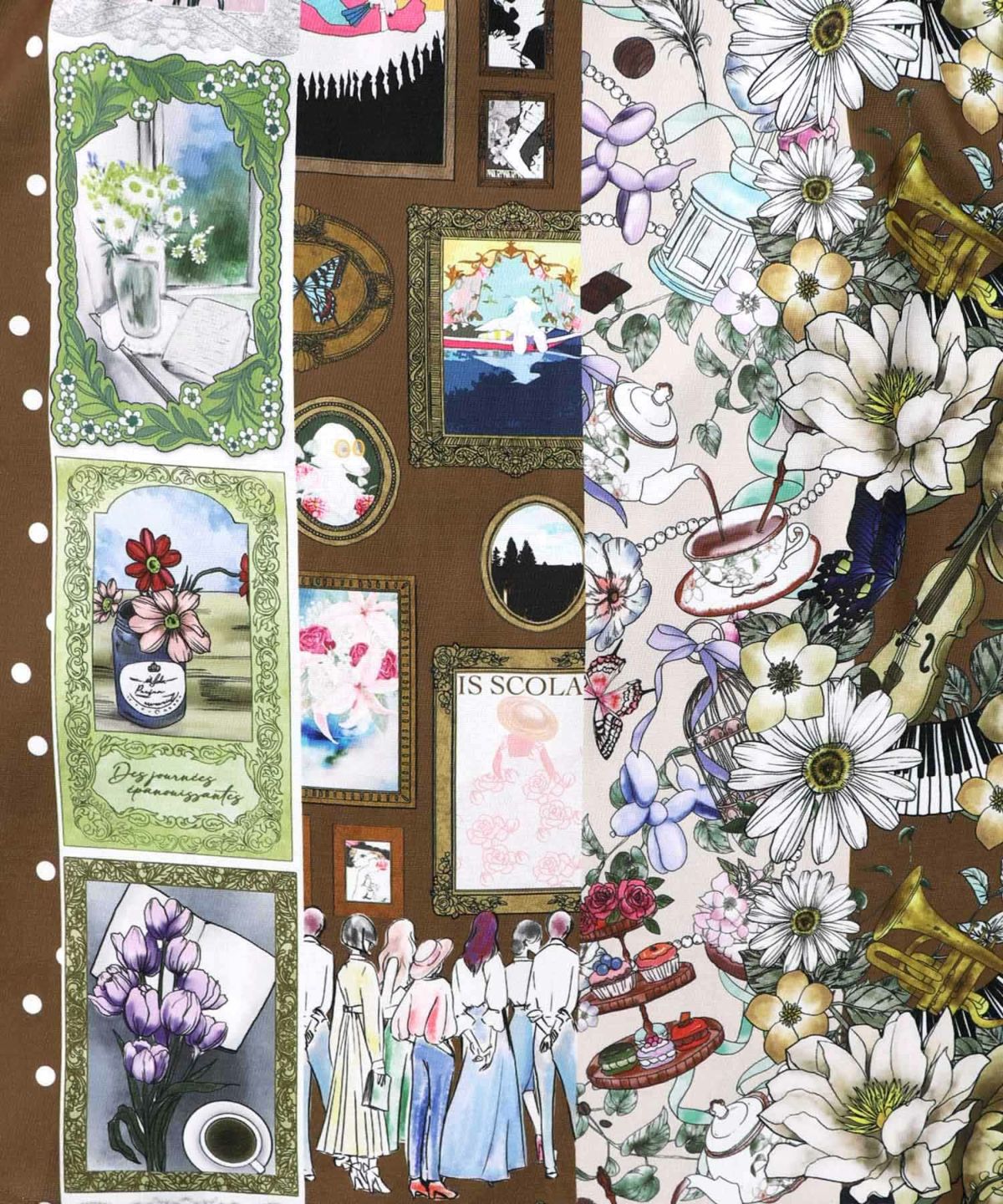 芸術と音楽と花のコラージュ柄フレアスカート-11