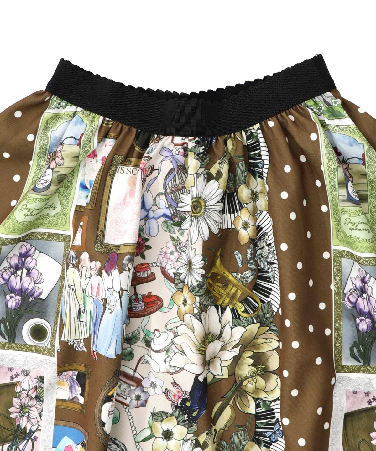 芸術と音楽と花のコラージュ柄フレアスカート-12
