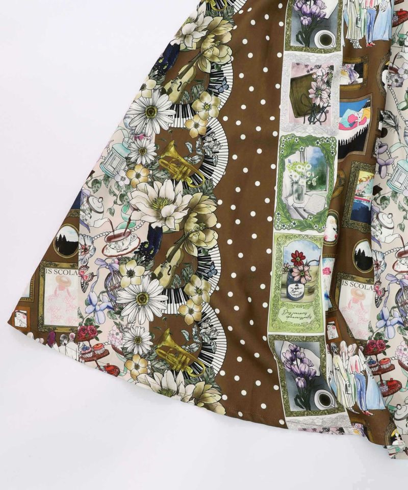 芸術と音楽と花のコラージュ柄フレアスカート-13