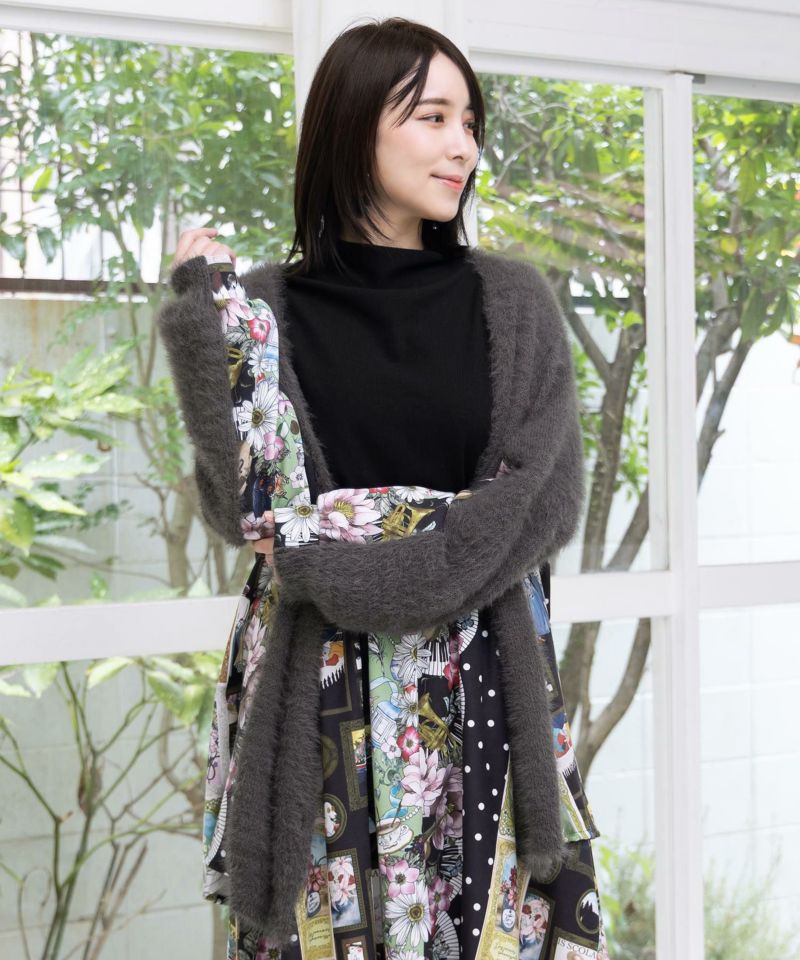 芸術と音楽と花のコラージュ柄ロングカーディガン-2