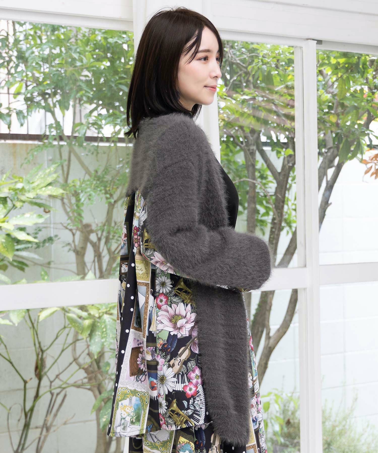 芸術と音楽と花のコラージュ柄ロングカーディガン-5