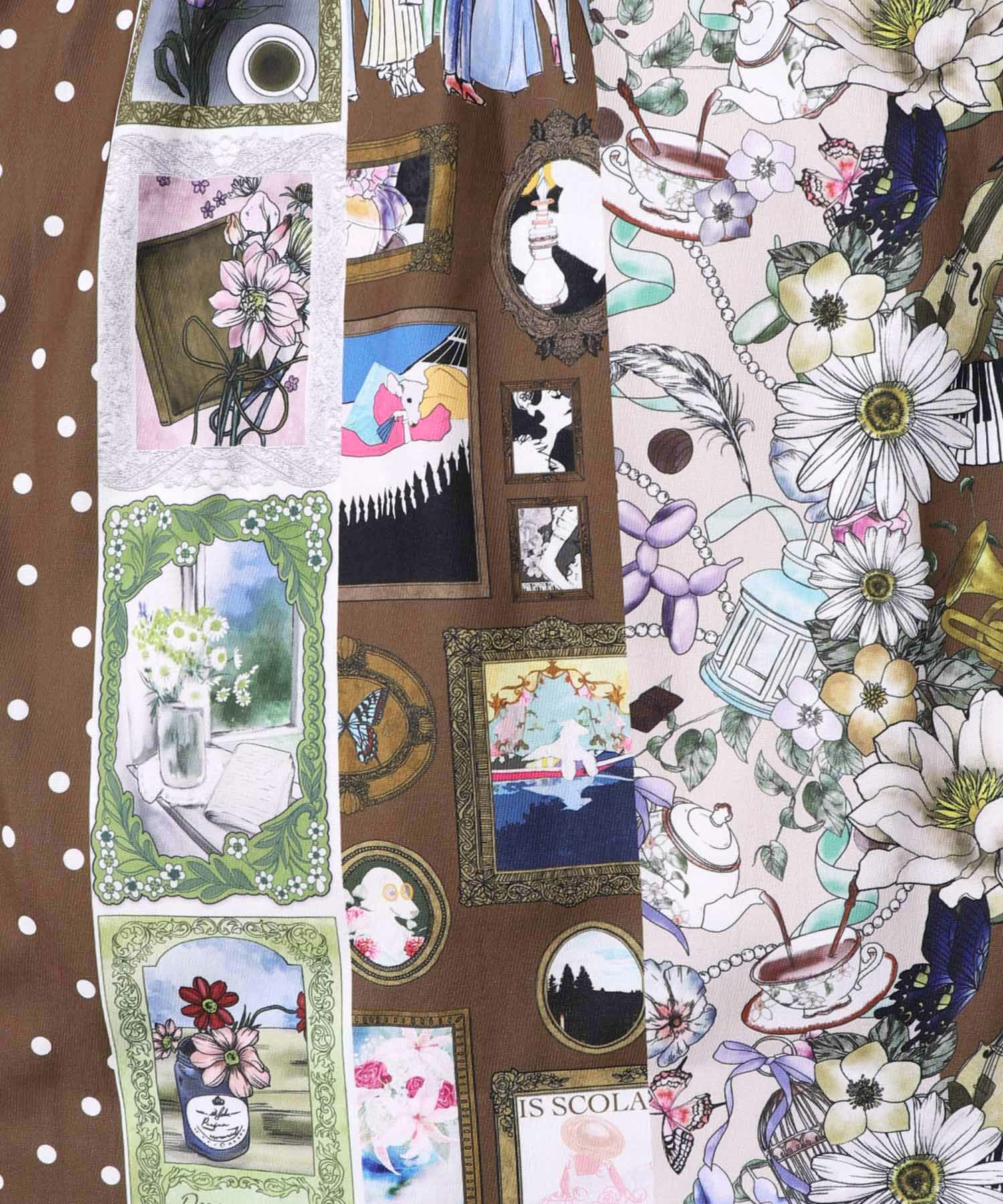 芸術と音楽と花のコラージュ柄ロングカーディガン-14