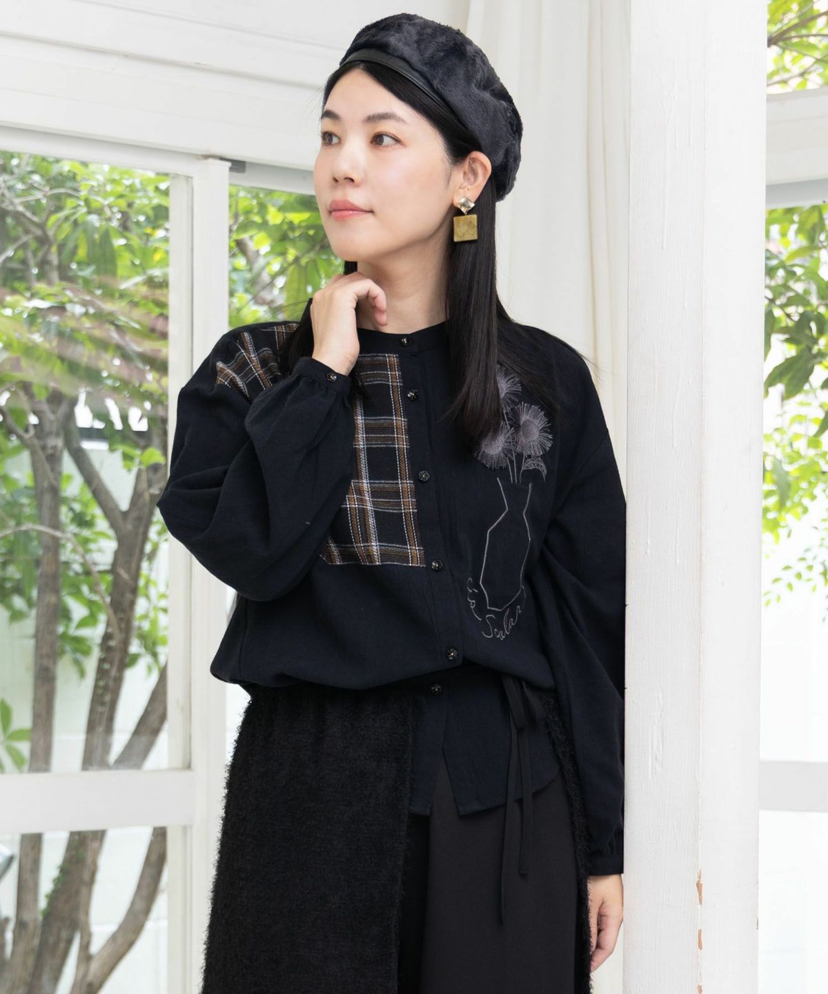 チェック柄×フリンジ花刺繍ノーカラーシャツ-1