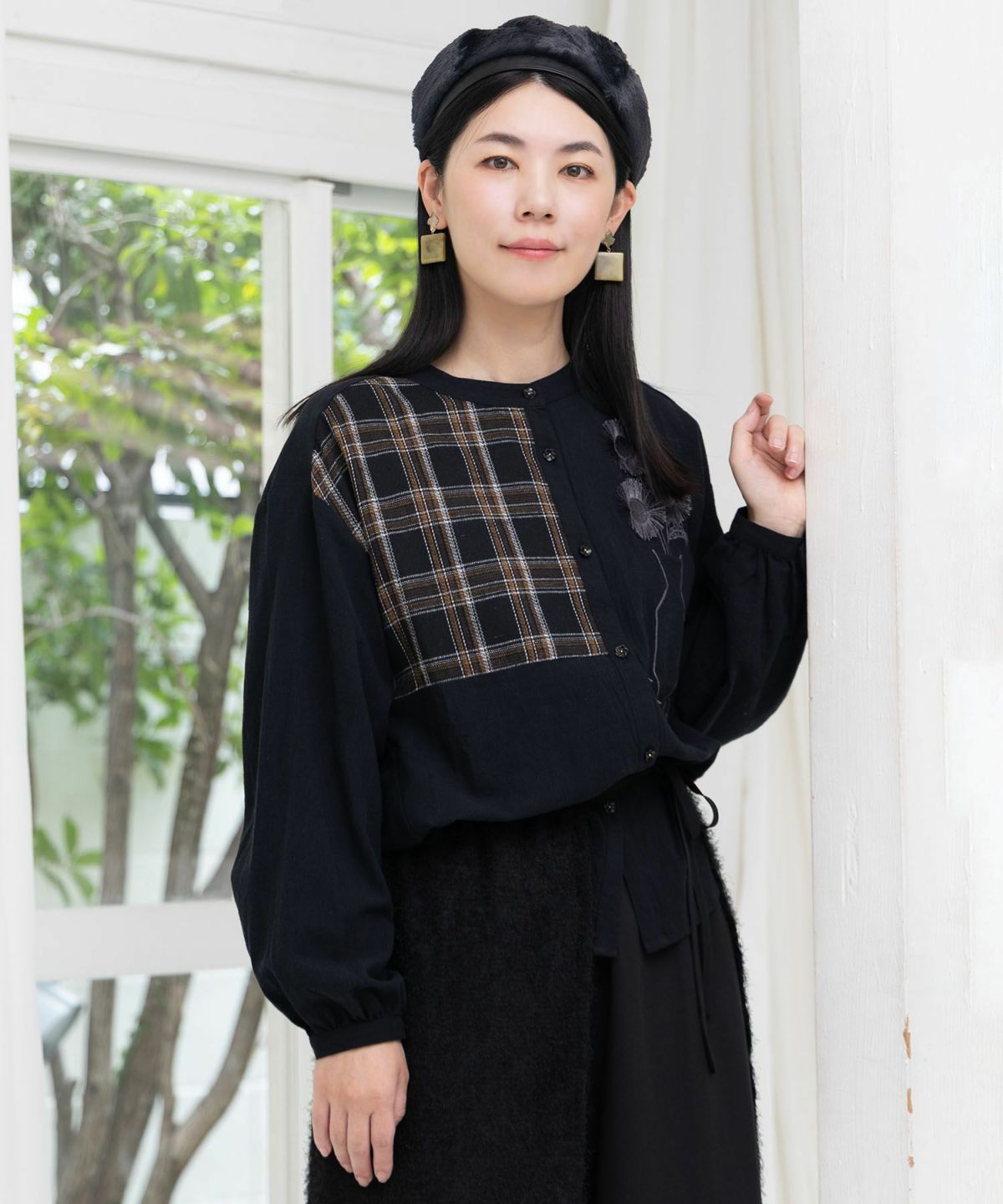 チェック柄×フリンジ花刺繍ノーカラーシャツ-3