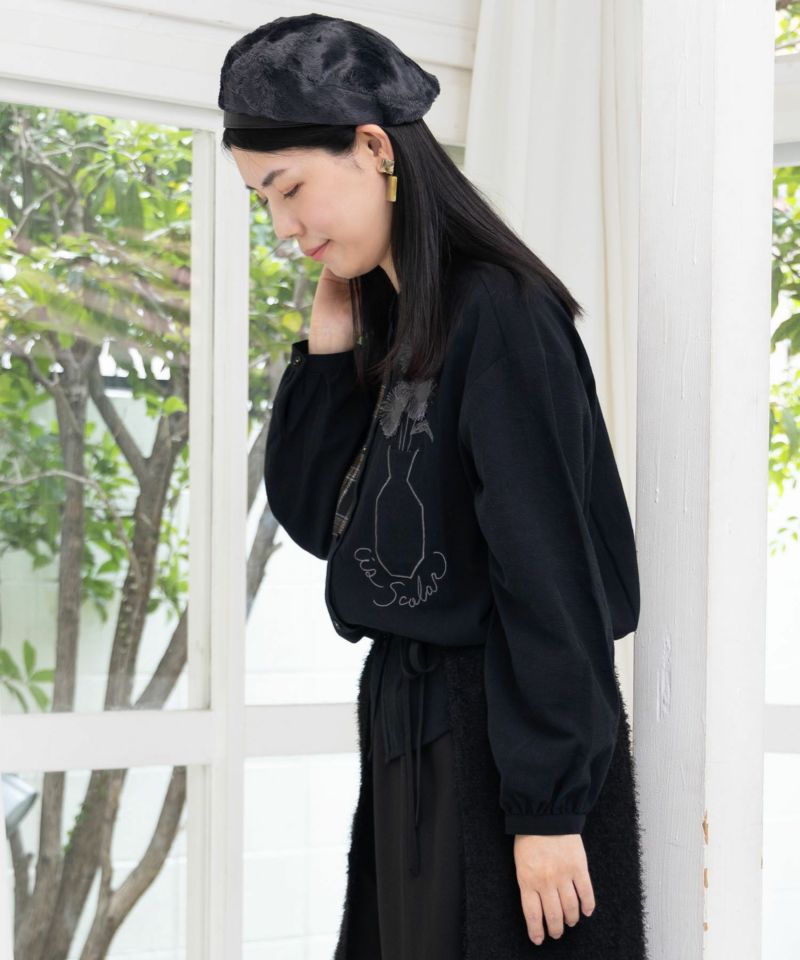 チェック柄×フリンジ花刺繍ノーカラーシャツ-4