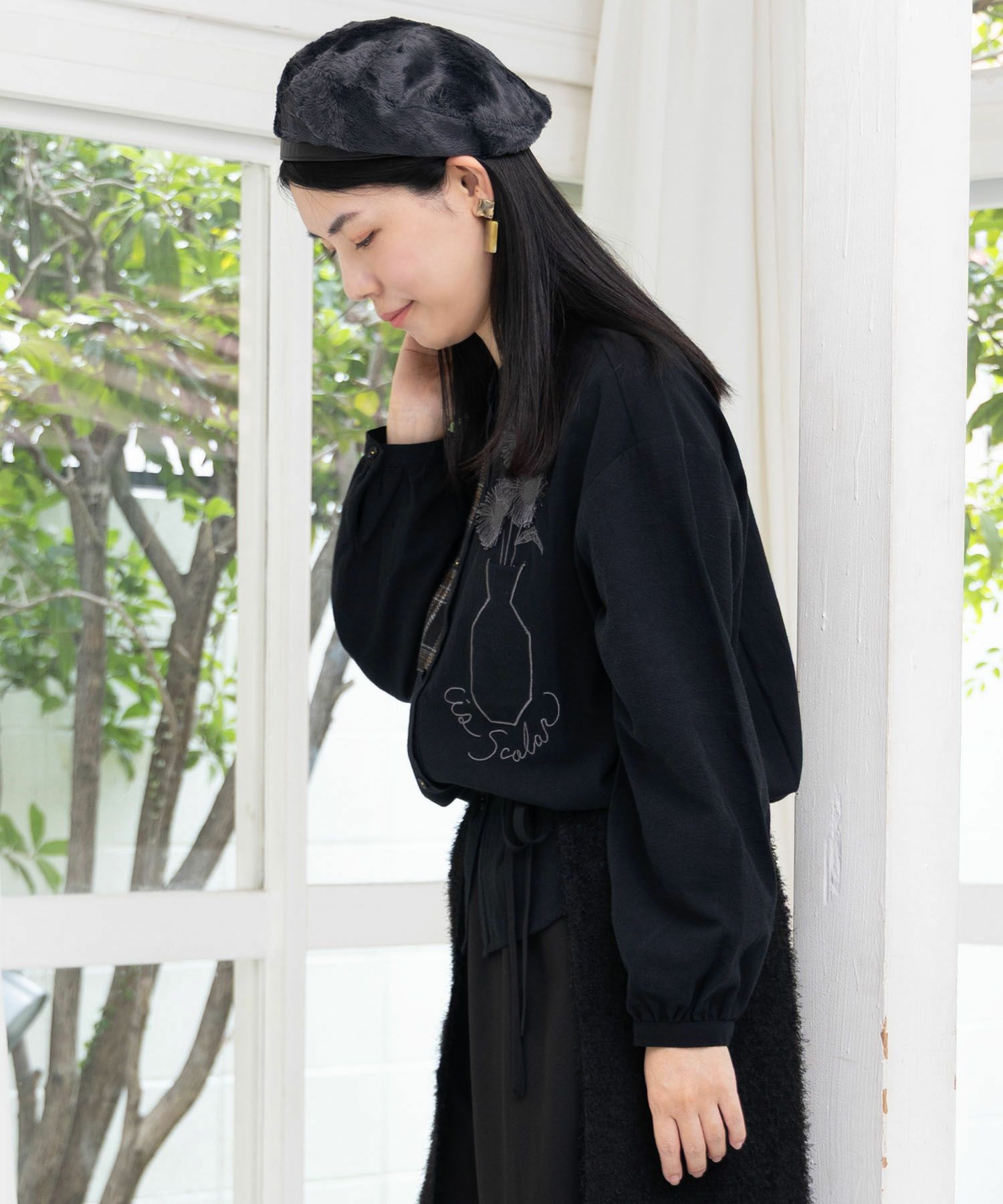 チェック柄×フリンジ花刺繍ノーカラーシャツ-4