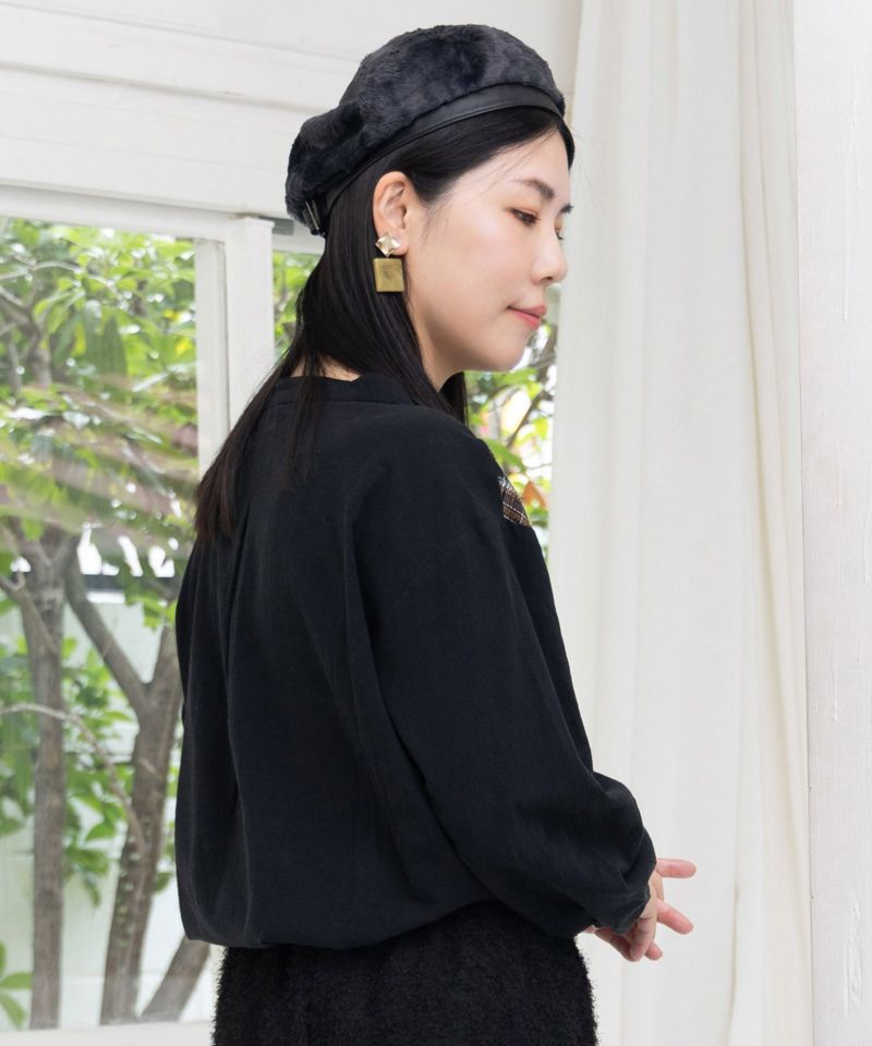 チェック柄×フリンジ花刺繍ノーカラーシャツ-5