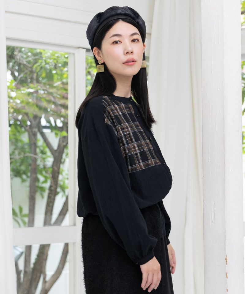 チェック柄×フリンジ花刺繍ノーカラーシャツ-6