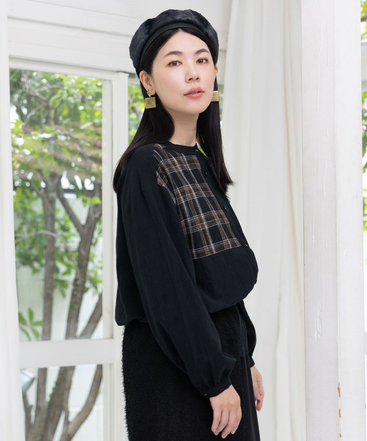 チェック柄×フリンジ花刺繍ノーカラーシャツ-6