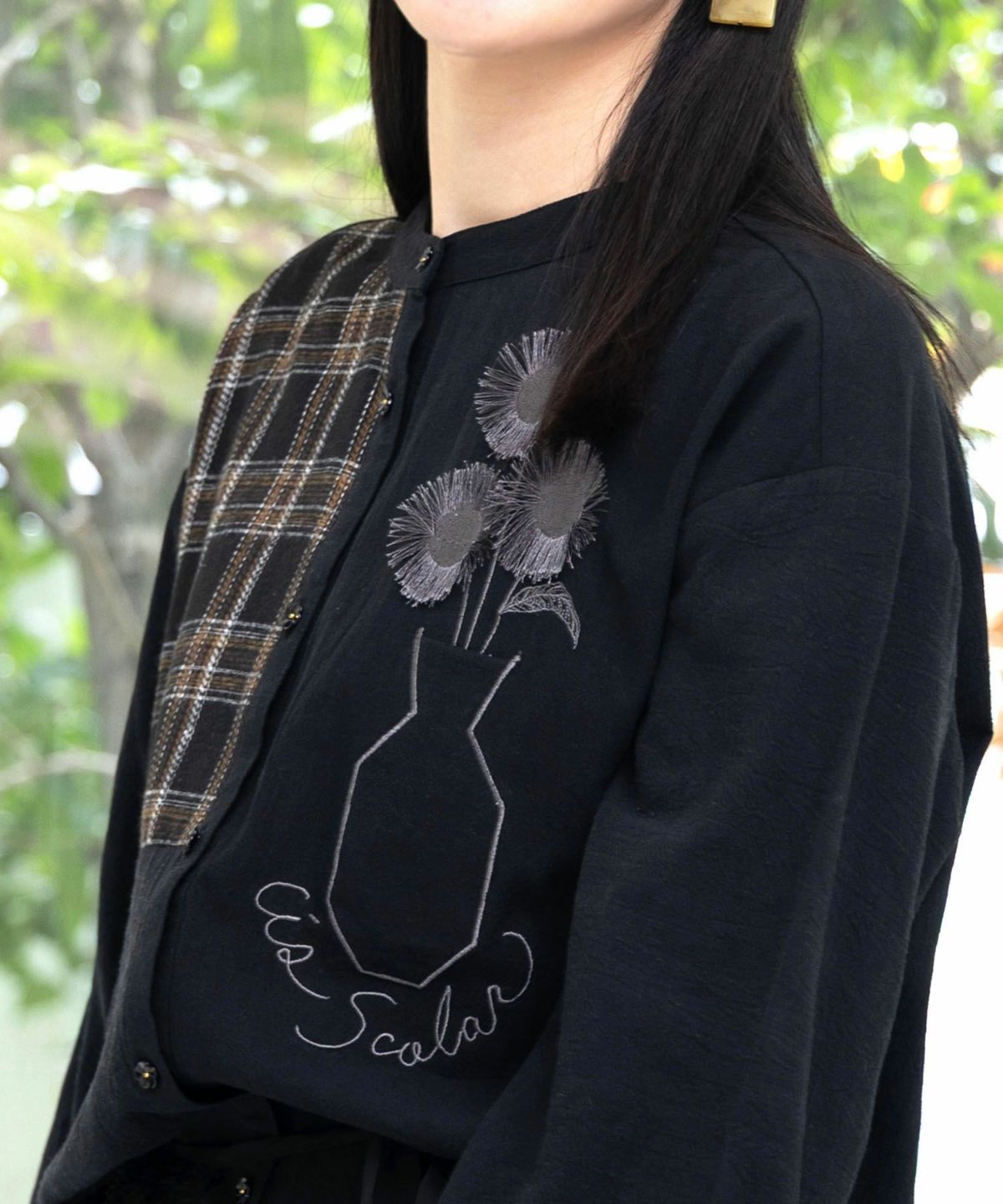 チェック柄×フリンジ花刺繍ノーカラーシャツ-7