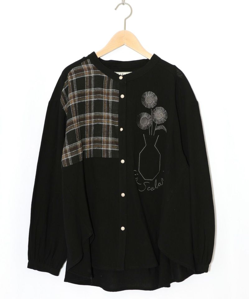 チェック柄×フリンジ花刺繍ノーカラーシャツ-8