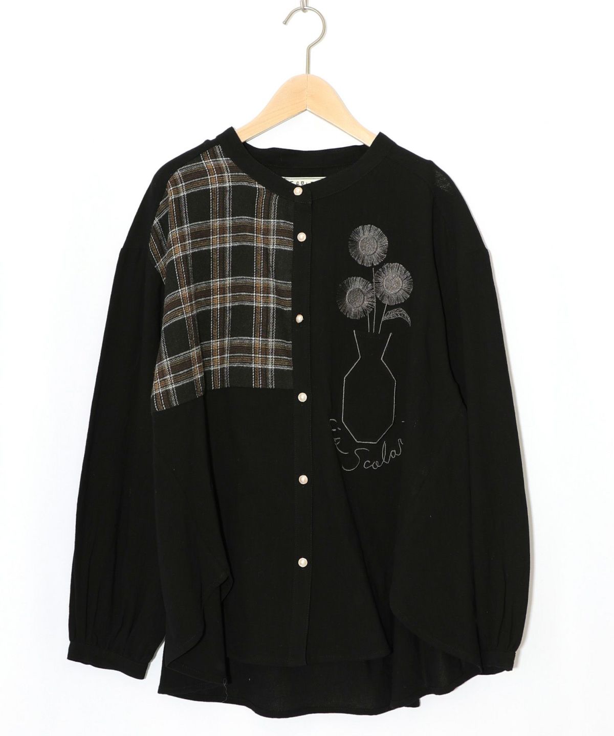 チェック柄×フリンジ花刺繍ノーカラーシャツ-8