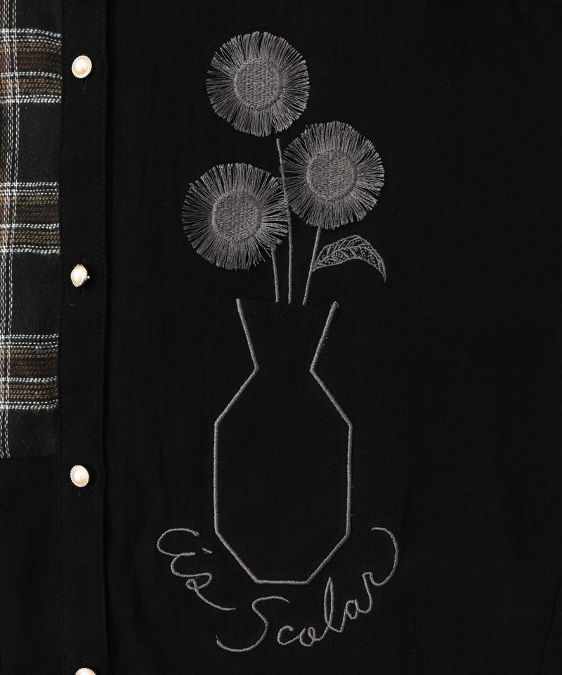 チェック柄×フリンジ花刺繍ノーカラーシャツ-9
