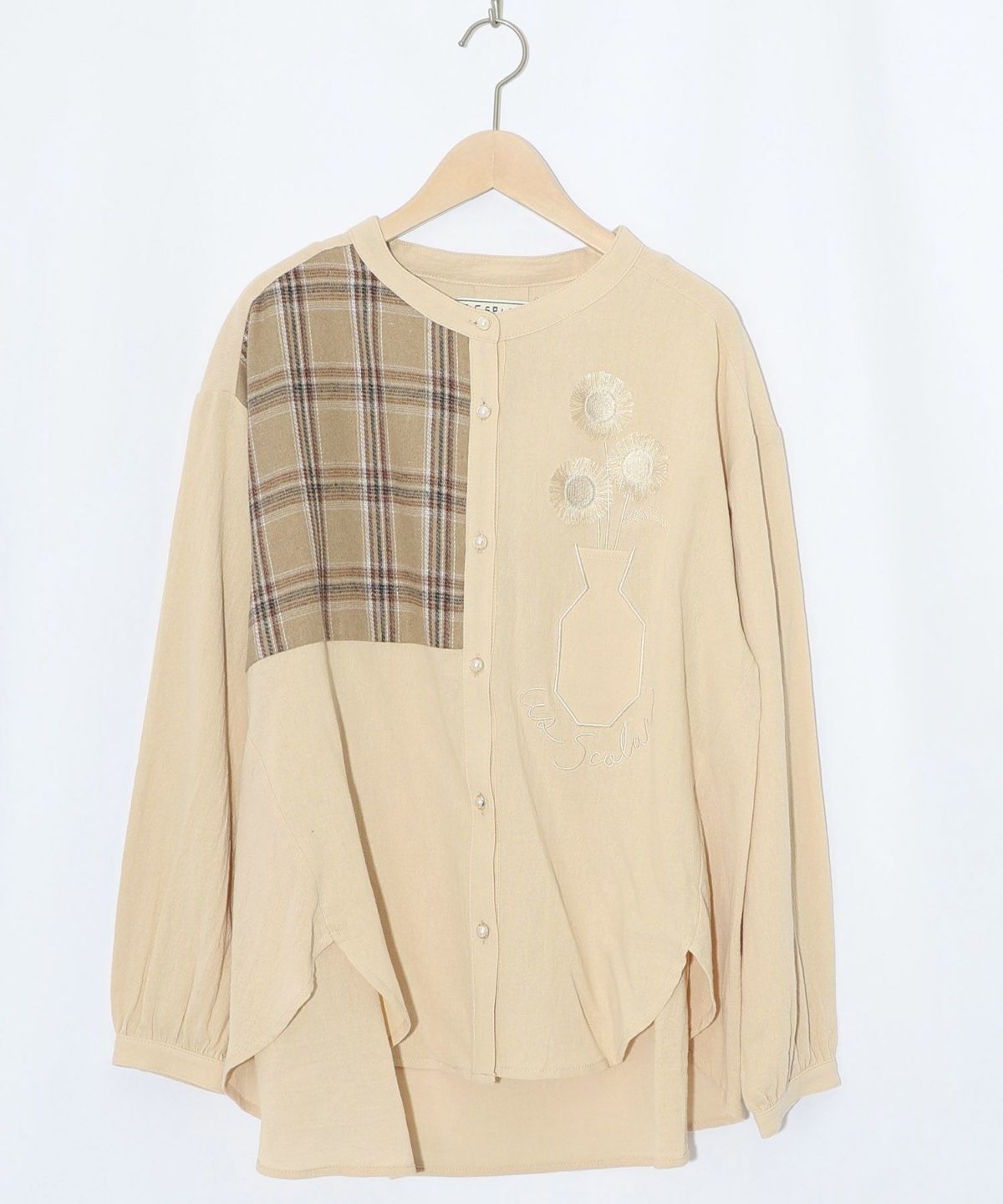 チェック柄×フリンジ花刺繍ノーカラーシャツ-10