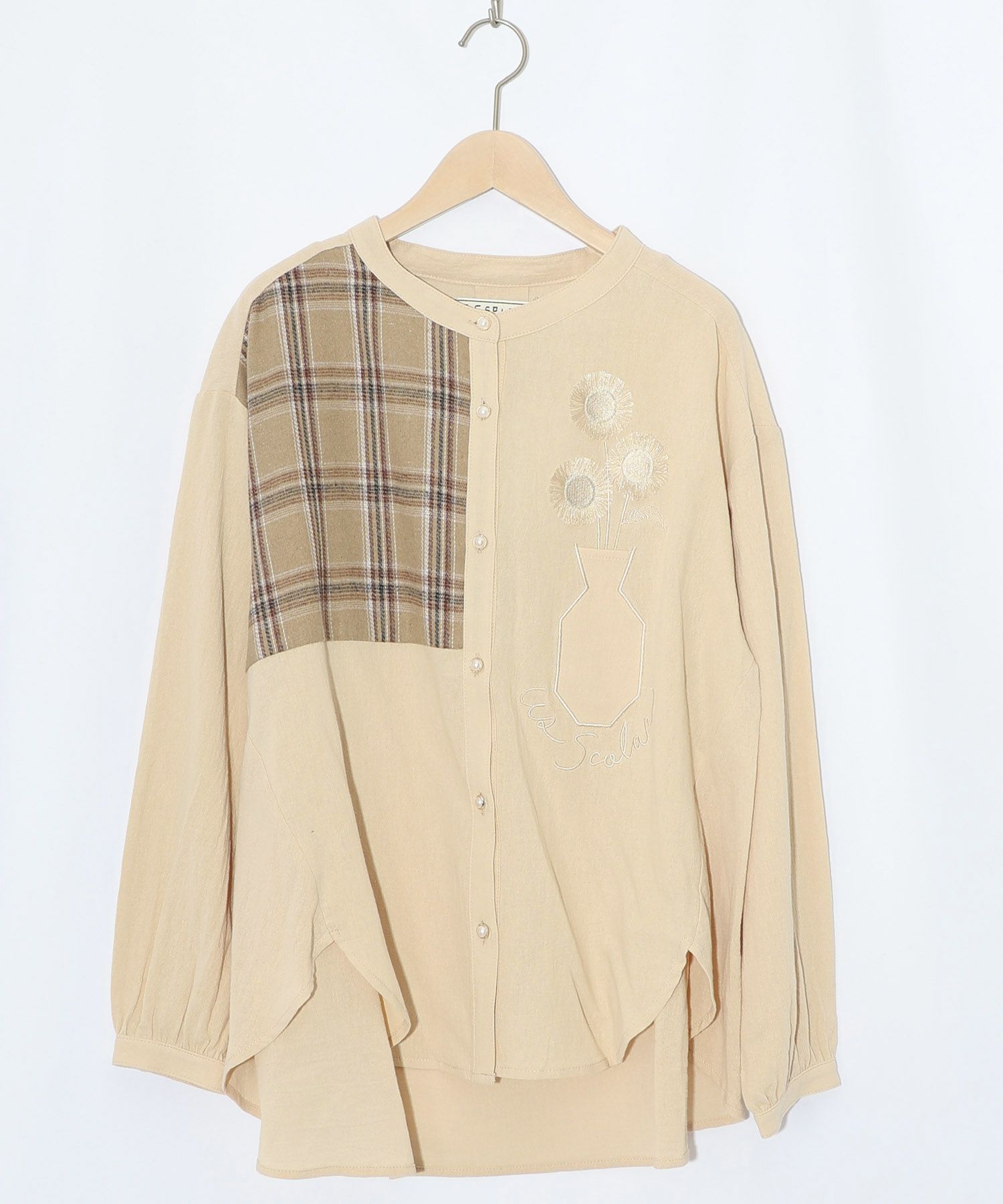 チェック柄×フリンジ花刺繍ノーカラーシャツ-10