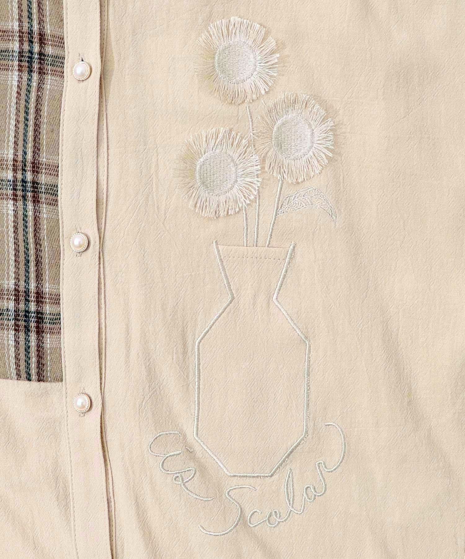 チェック柄×フリンジ花刺繍ノーカラーシャツ-11