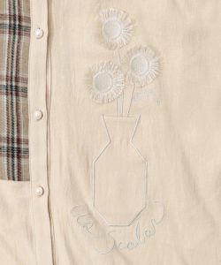 チェック柄×フリンジ花刺繍ノーカラーシャツ-11