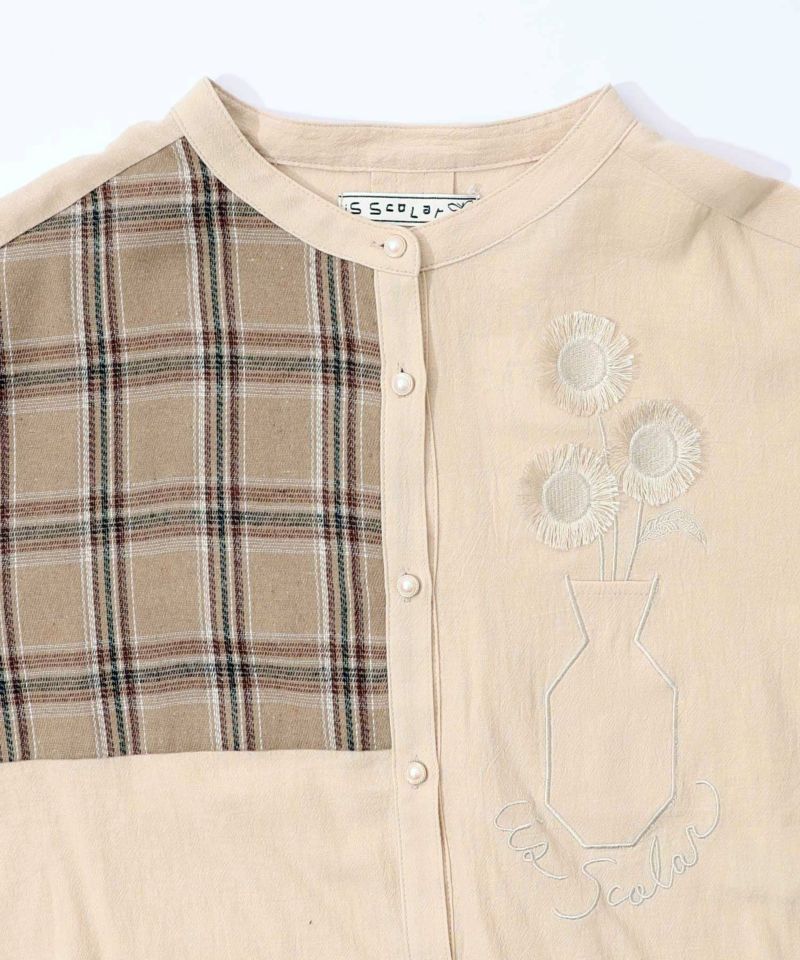 チェック柄×フリンジ花刺繍ノーカラーシャツ-12
