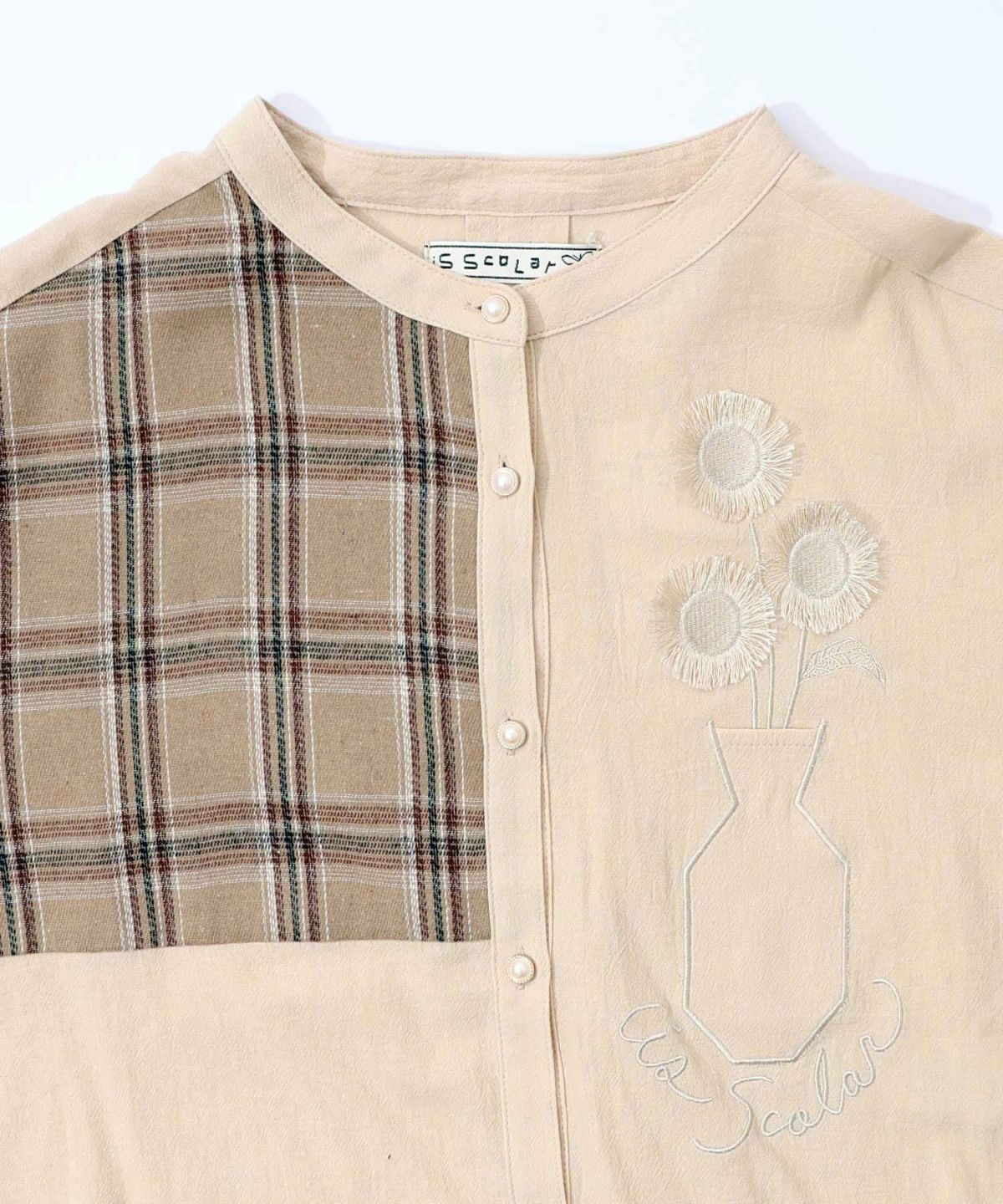 チェック柄×フリンジ花刺繍ノーカラーシャツ-12