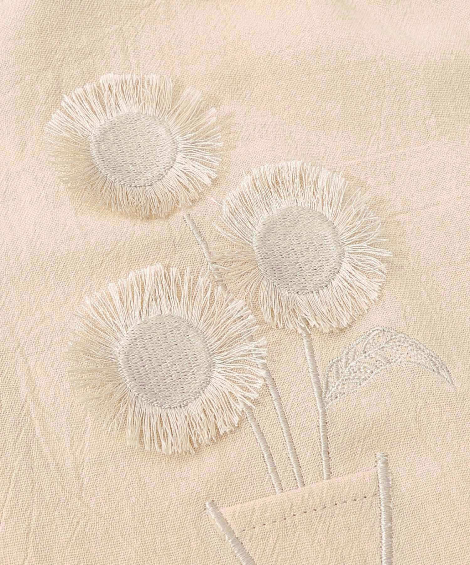 チェック柄×フリンジ花刺繍ノーカラーシャツ-13