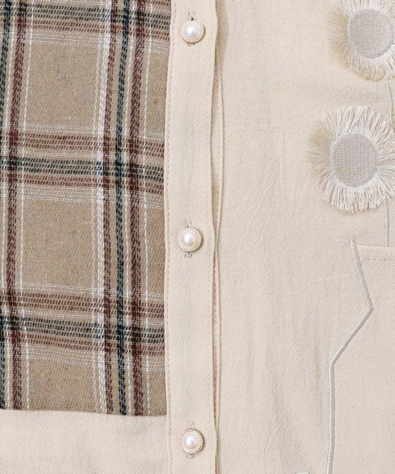 チェック柄×フリンジ花刺繍ノーカラーシャツ-14