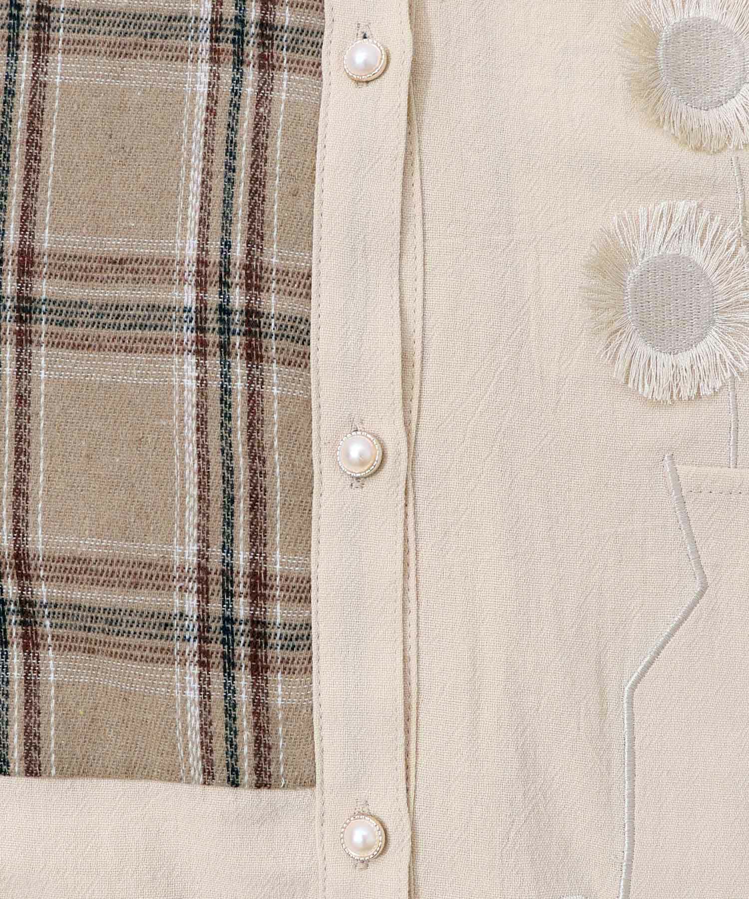 チェック柄×フリンジ花刺繍ノーカラーシャツ-14