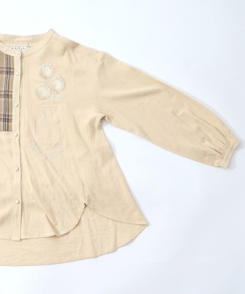 チェック柄×フリンジ花刺繍ノーカラーシャツ-15