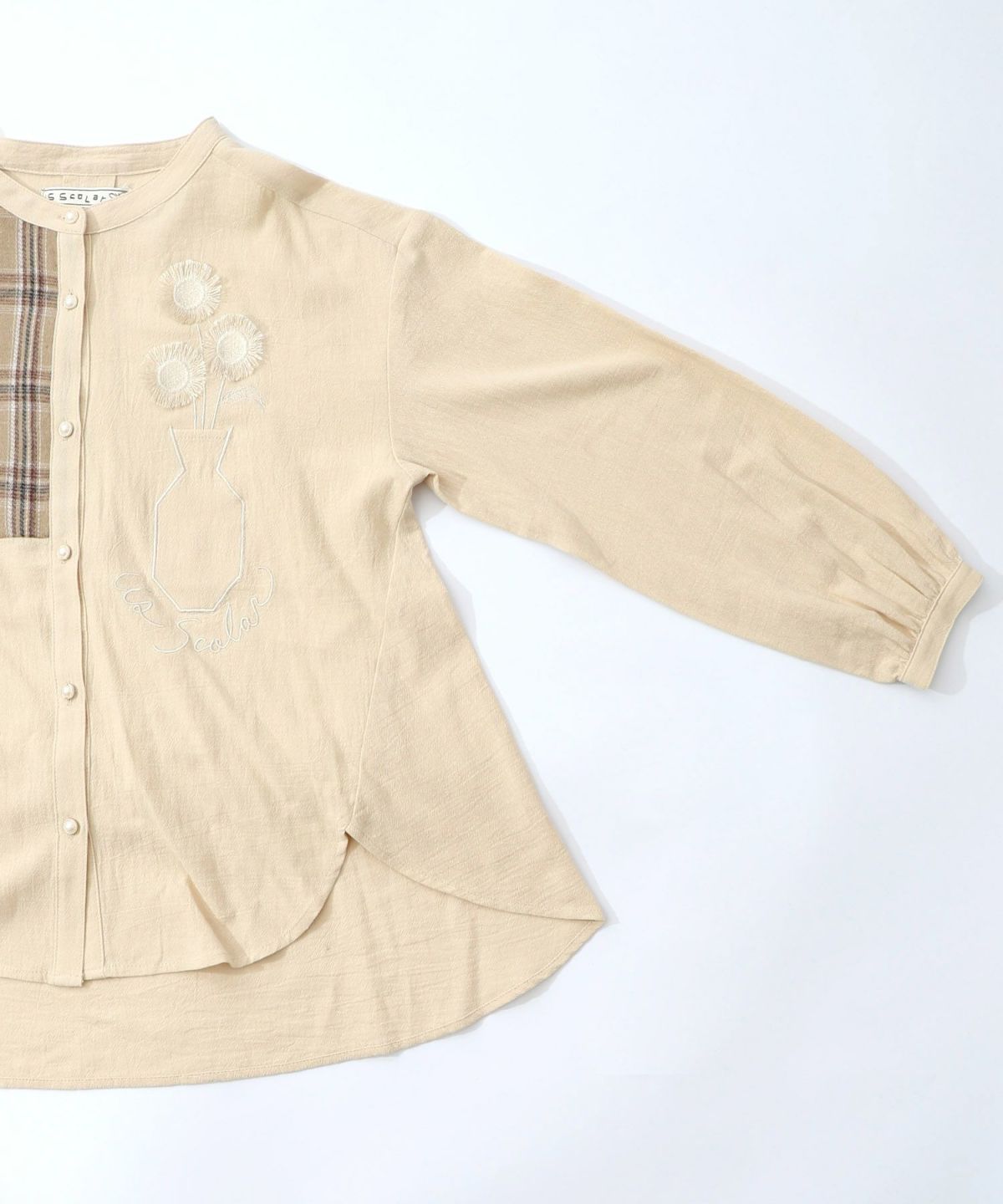 チェック柄×フリンジ花刺繍ノーカラーシャツ-15