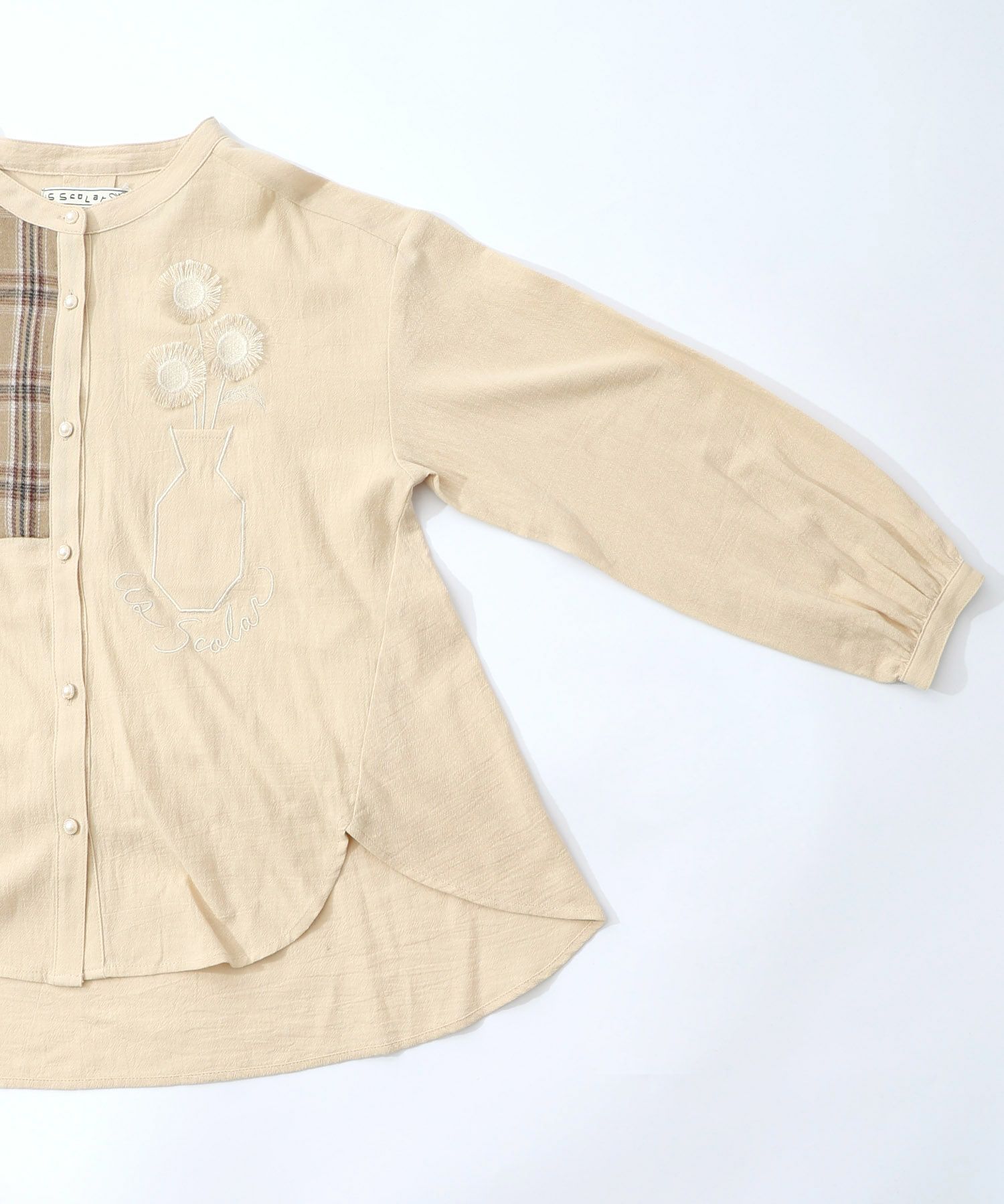 チェック柄×フリンジ花刺繍ノーカラーシャツ-15