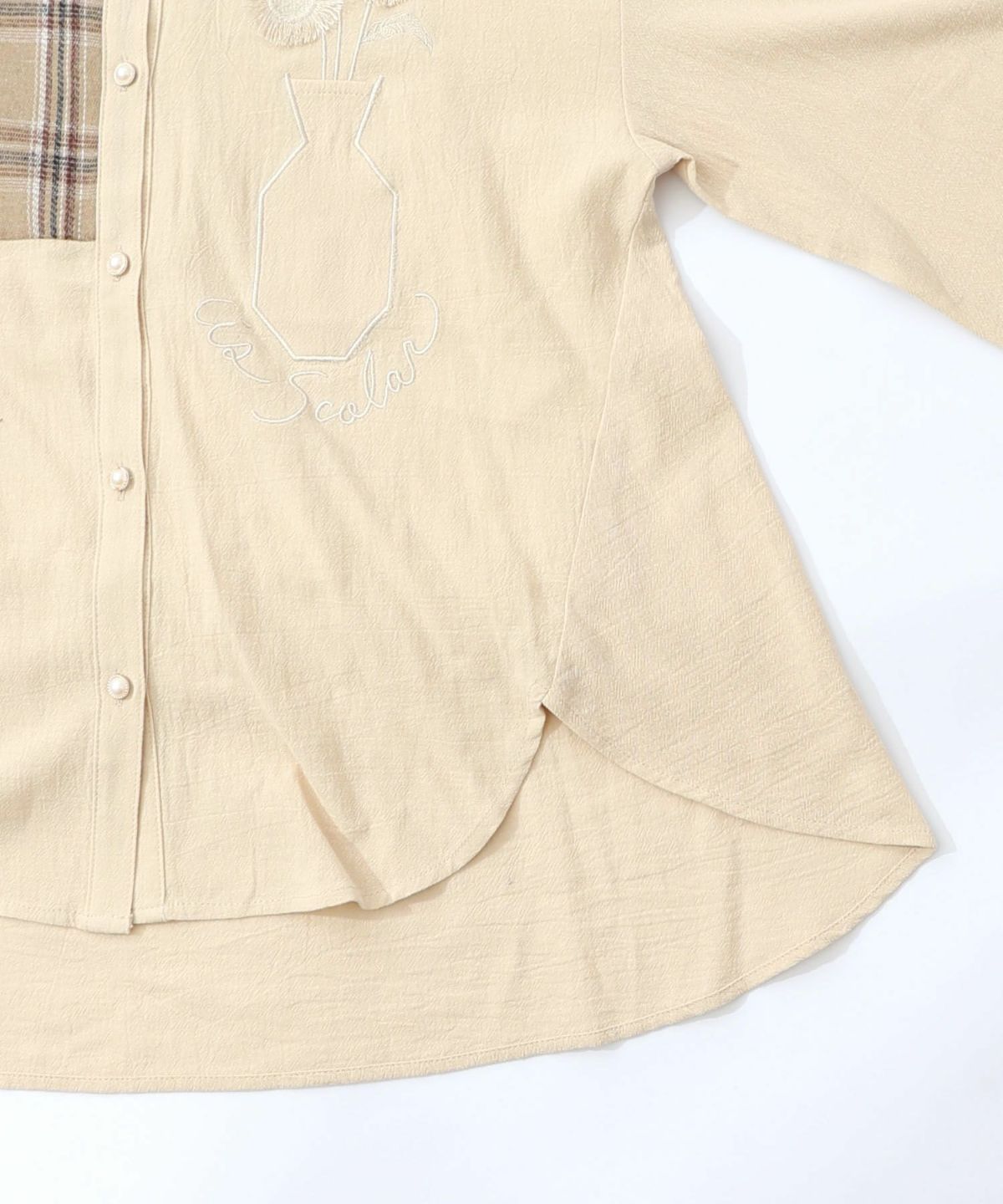 チェック柄×フリンジ花刺繍ノーカラーシャツ-16