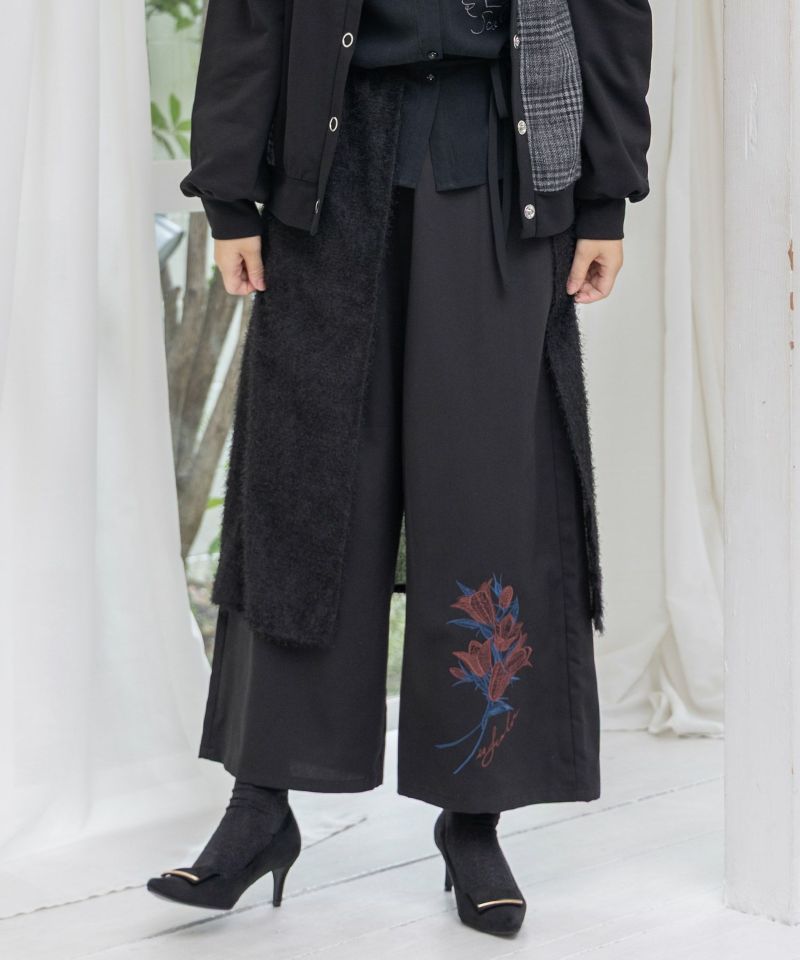 フリンジシフォン巻きスカート付き花刺繍パンツ-2