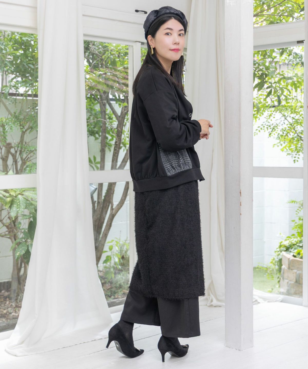 フリンジシフォン巻きスカート付き花刺繍パンツ-5