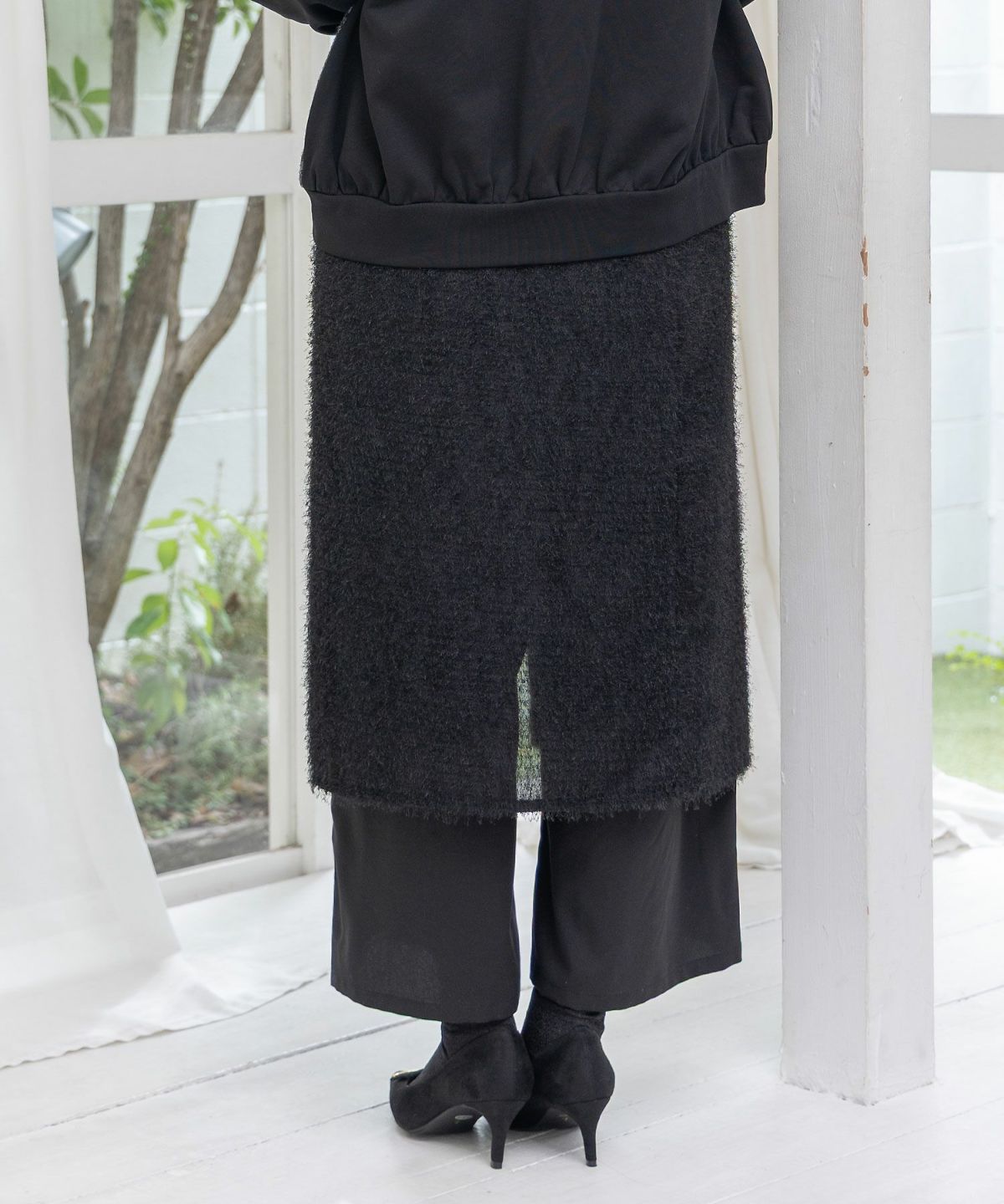 フリンジシフォン巻きスカート付き花刺繍パンツ-6