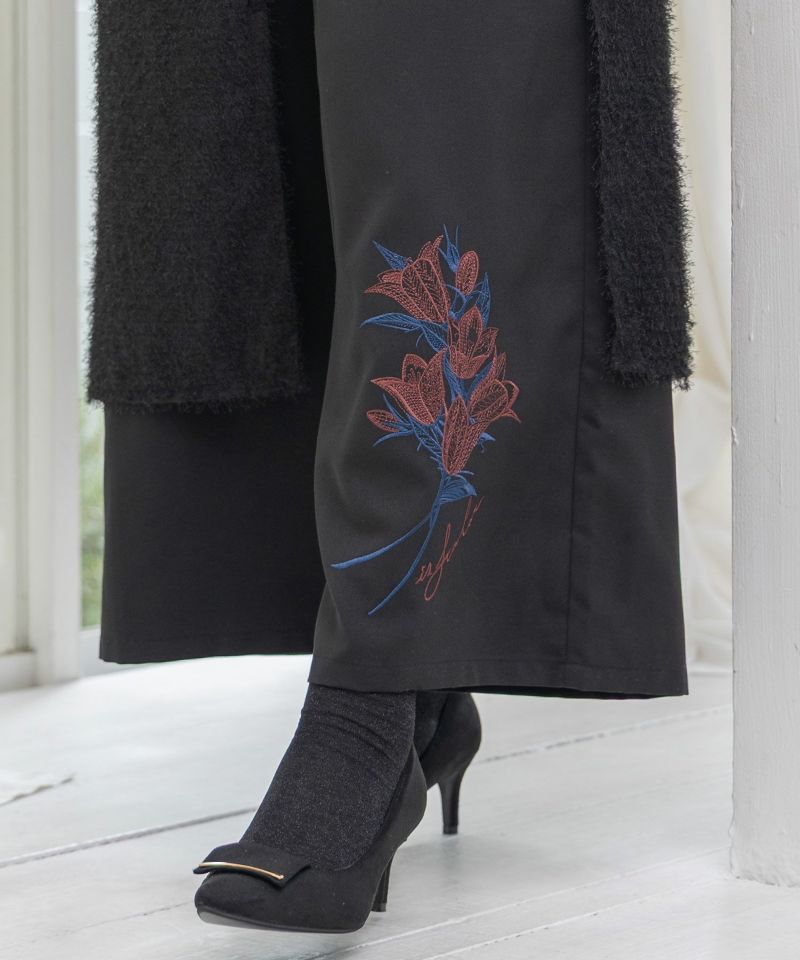 フリンジシフォン巻きスカート付き花刺繍パンツ-8