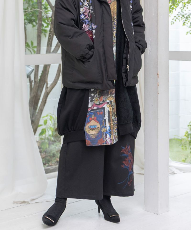 フリンジシフォン巻きスカート付き花刺繍パンツ-10