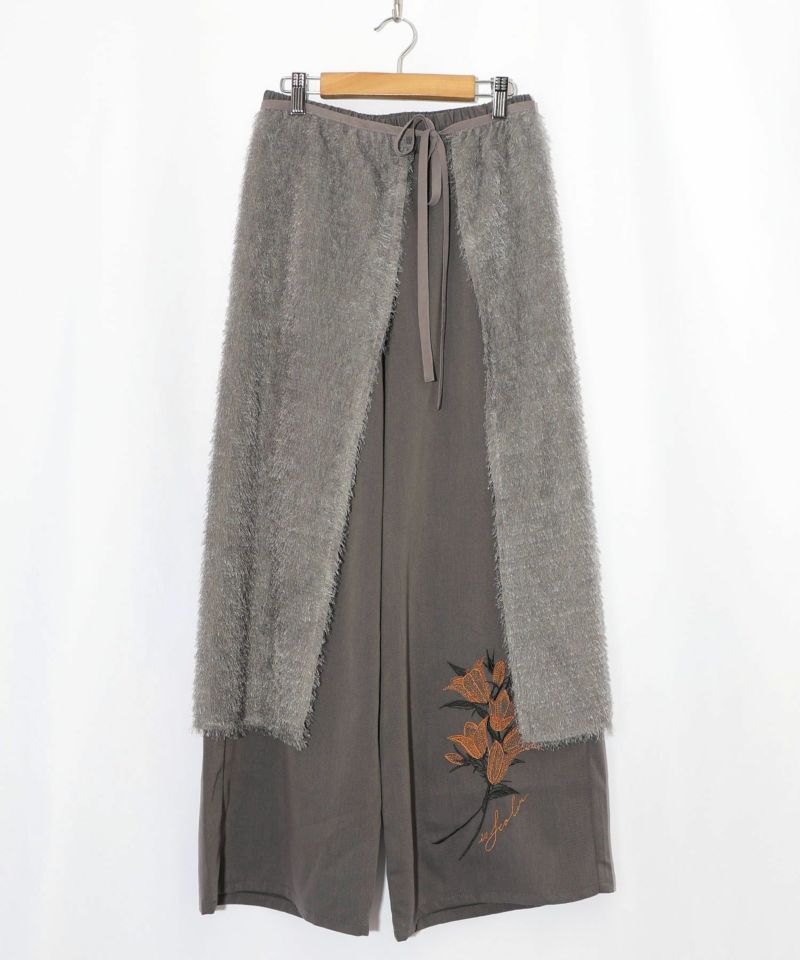 フリンジシフォン巻きスカート付き花刺繍パンツ-11