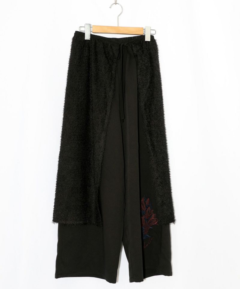 フリンジシフォン巻きスカート付き花刺繍パンツ-13