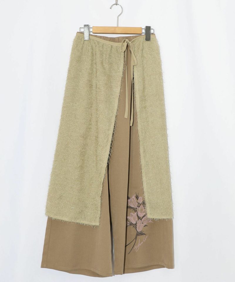 フリンジシフォン巻きスカート付き花刺繍パンツ-15