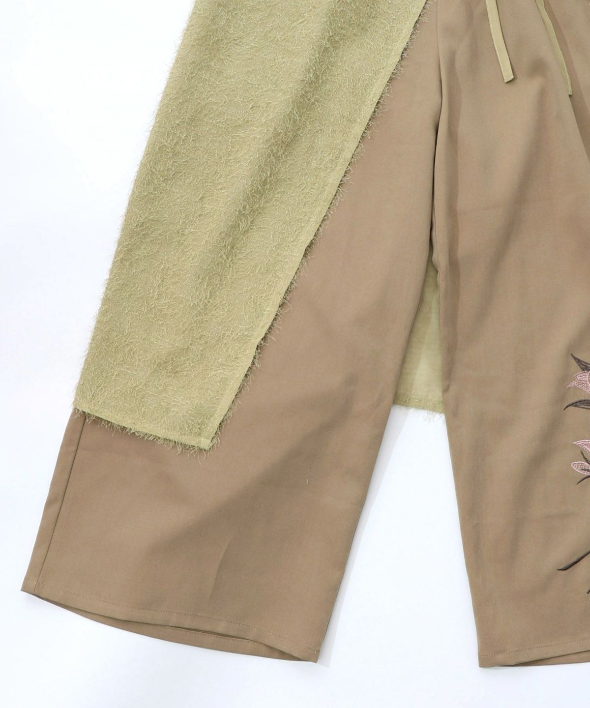 フリンジシフォン巻きスカート付き花刺繍パンツ-18