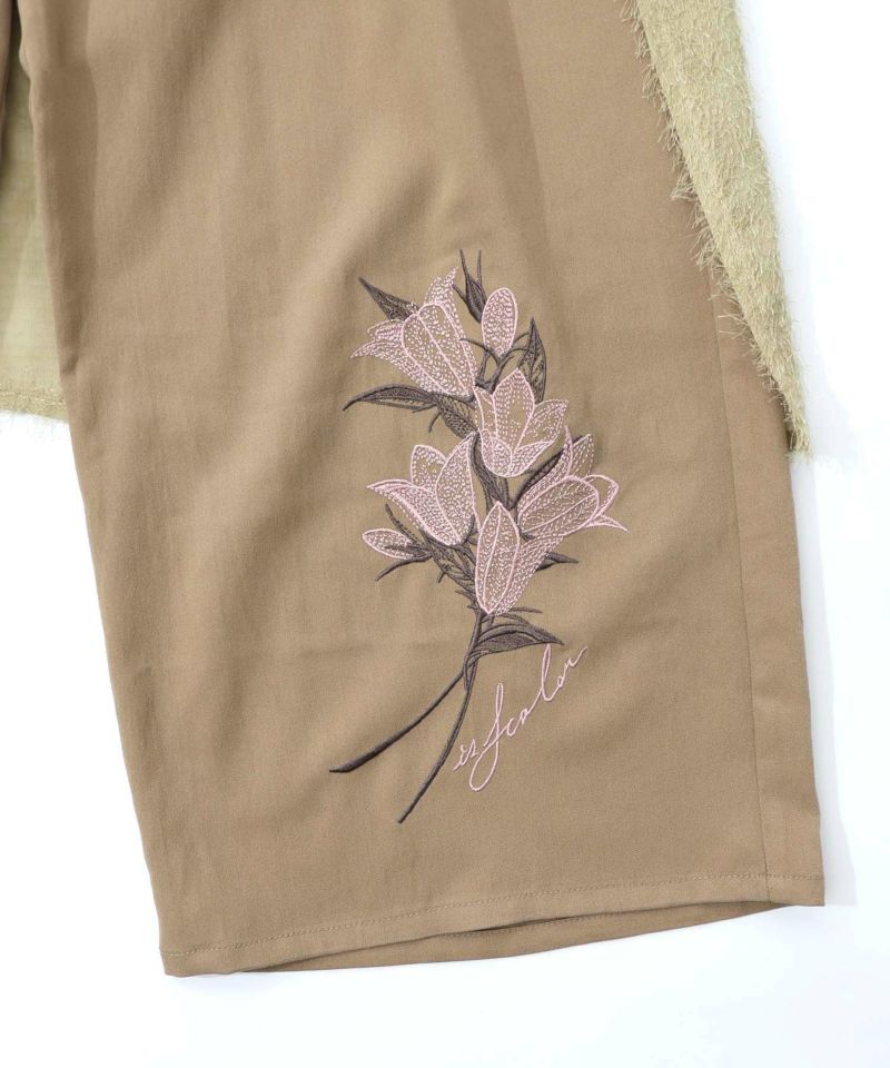 フリンジシフォン巻きスカート付き花刺繍パンツ-19