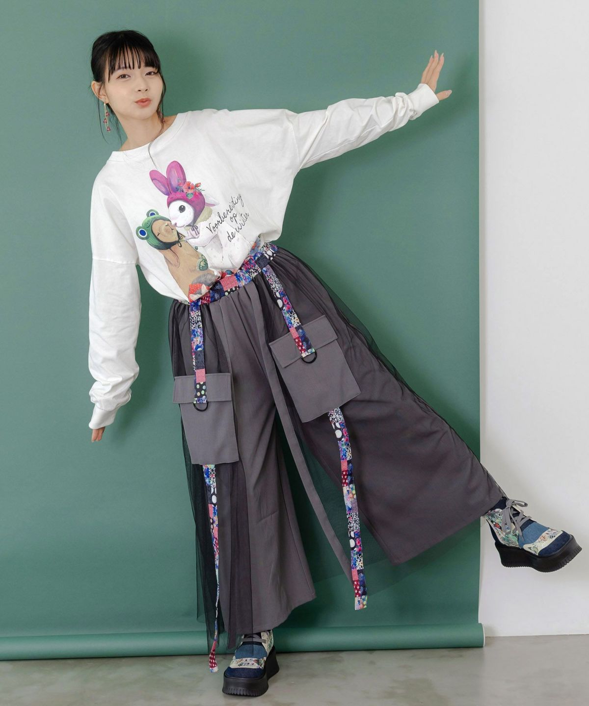 チュールとラインテープのカーゴスカート-2