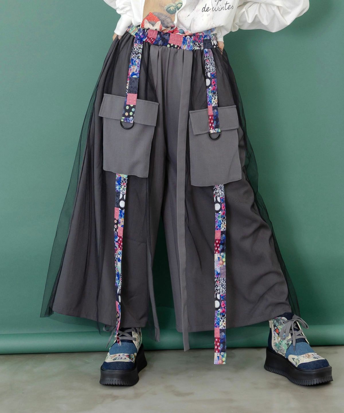 チュールとラインテープのカーゴスカート-3