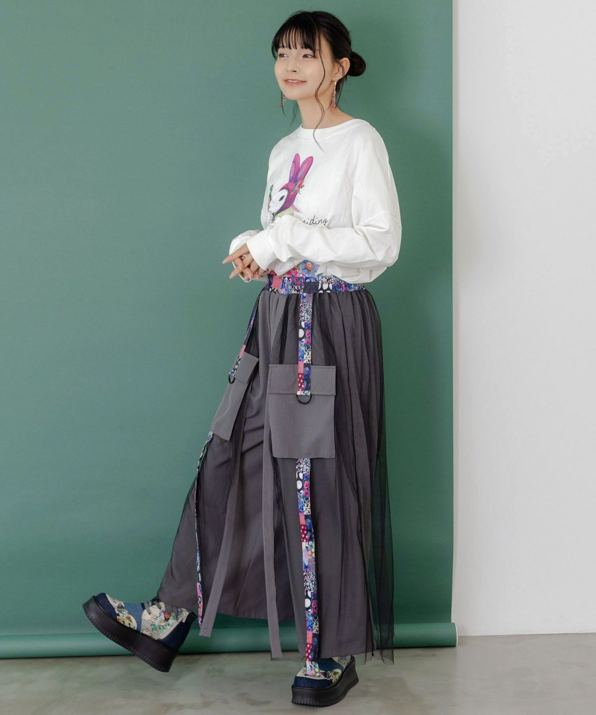 チュールとラインテープのカーゴスカート-6